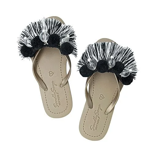 Black Pom Pom Tassel -Flat Flip Flops Sandal