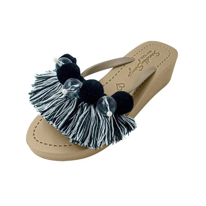 Black Pom Pom Tassel- Women's Mid Wedge