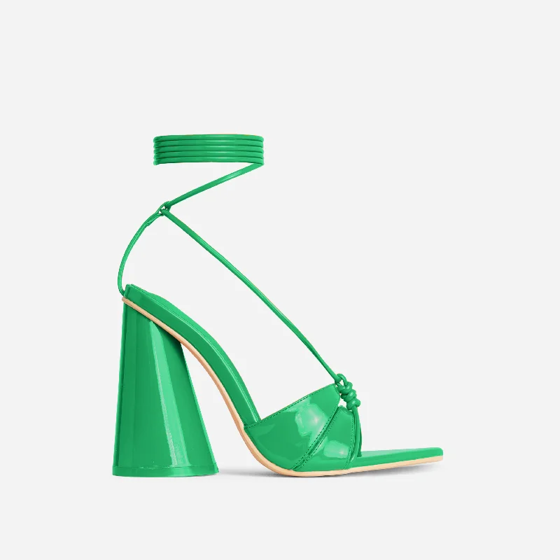 Cold-Heart Lace Up Strappy Pointed Toe Round Statement Block Heel In Green Patent