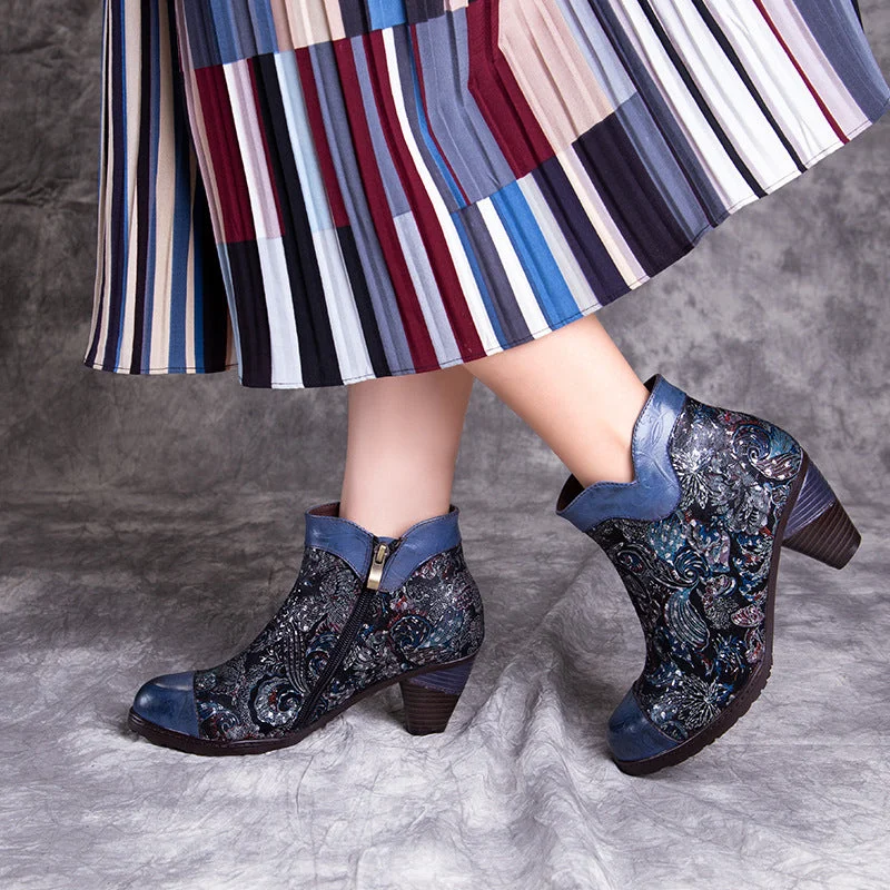 CrazycatZ Womens Leather Ankle Boots Bohemian Block Heel Colorful Floral Leather Boots Navy