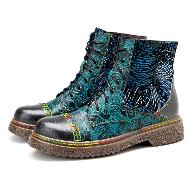 CrazycatZ Womens Leather Ankle Boots Bohemian Sporty Colorful Leahter Boots Green