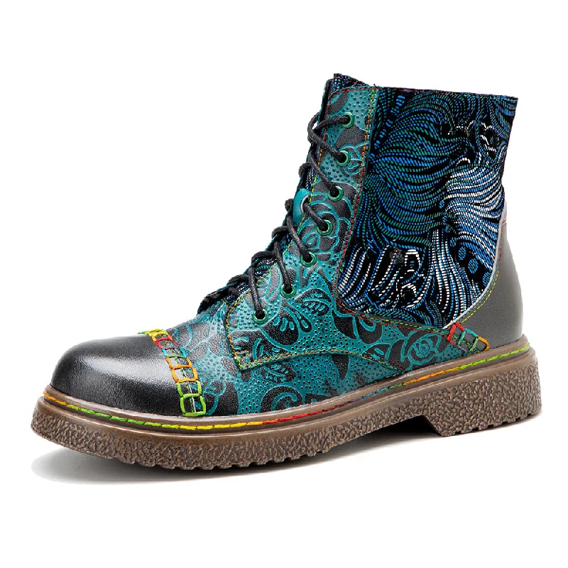 CrazycatZ Womens Leather Ankle Boots Bohemian Sporty Colorful Leahter Boots Green