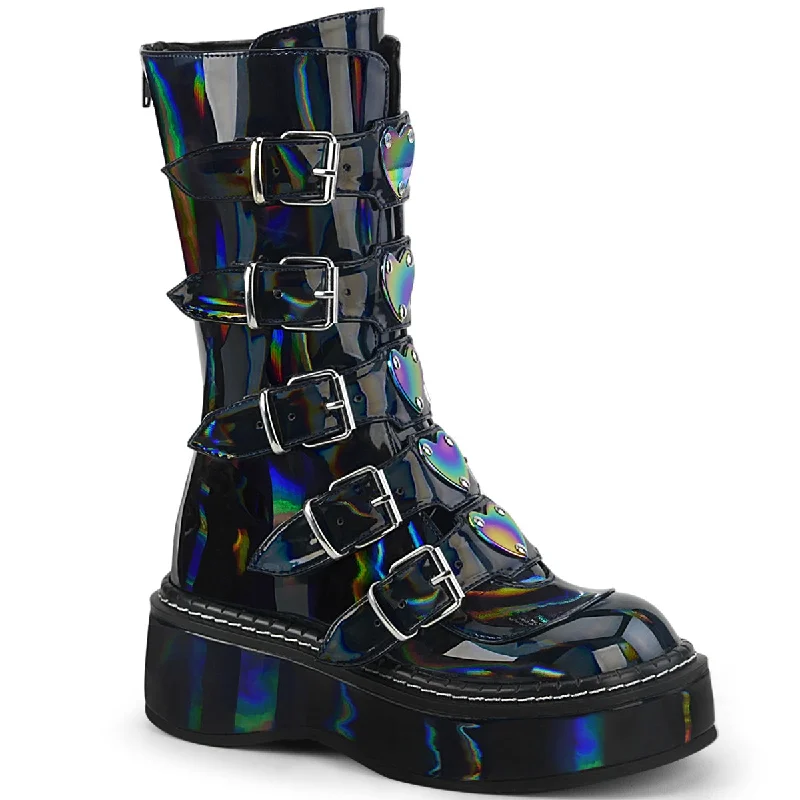 Emily 330 Goth Black Hologram Heart Plate Combat Boots 6-12  - Demonia Direct