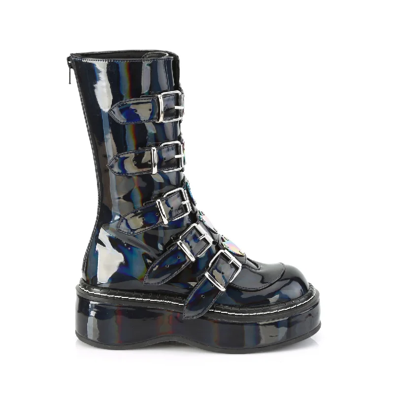 Emily 330 Goth Black Hologram Heart Plate Combat Boots 6-12  - Demonia Direct