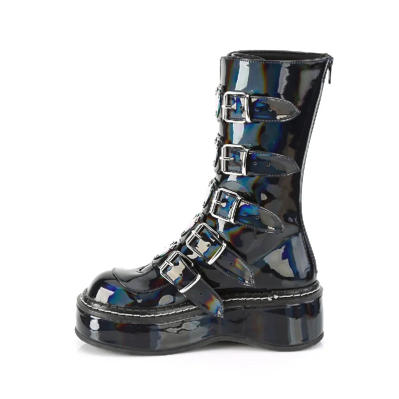 Emily 330 Goth Black Hologram Heart Plate Combat Boots 6-12  - Demonia Direct