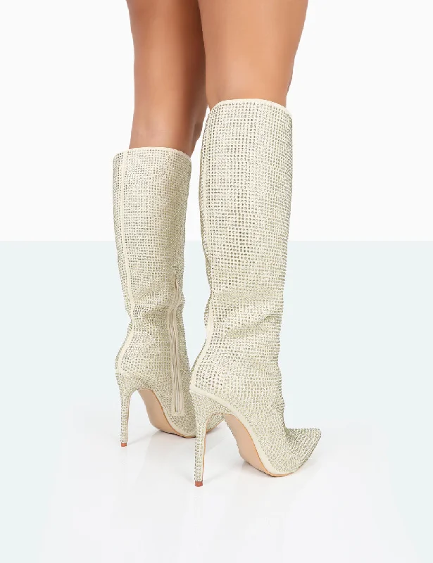 Lexi Gold Diamante Stiletto Knee High Boots