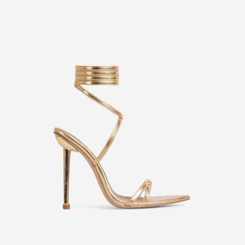 Lorie Lace Up Pointed Toe Metallic Heel In Gold Faux Leather