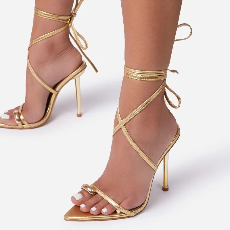 Lorie Lace Up Pointed Toe Metallic Heel In Gold Faux Leather