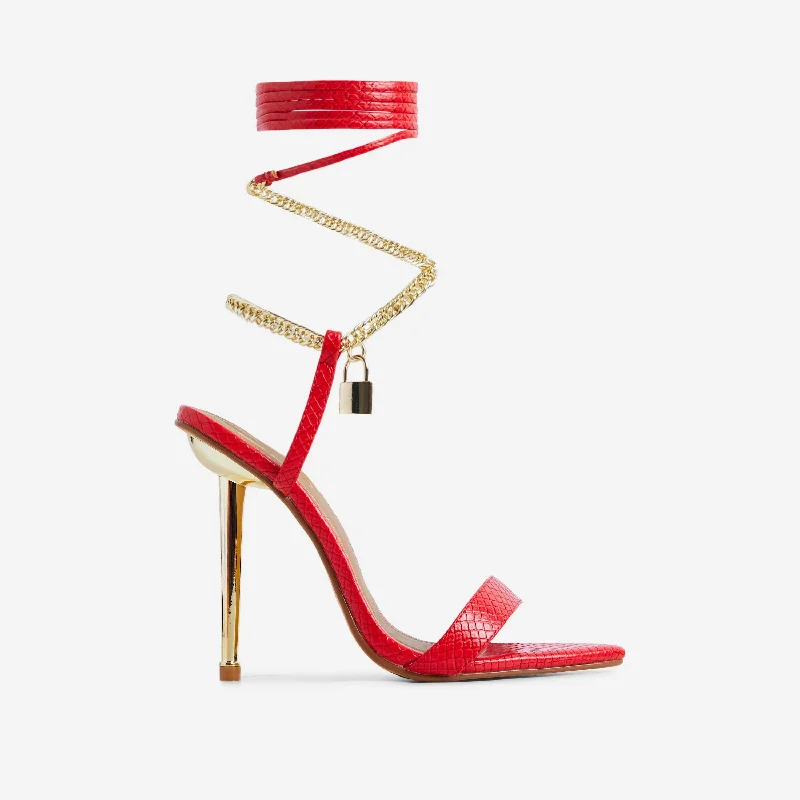 Luxe-Vibes Chain Padlock Detail Lace Up Pointed Toe Heel In Red Snake Print Faux Leather