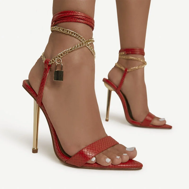 Luxe-Vibes Chain Padlock Detail Lace Up Pointed Toe Heel In Red Snake Print Faux Leather