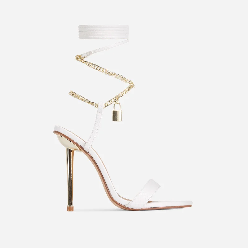 Luxe-Vibes Chain Padlock Detail Lace Up Pointed Toe Heel In White Snake Print Faux Leather