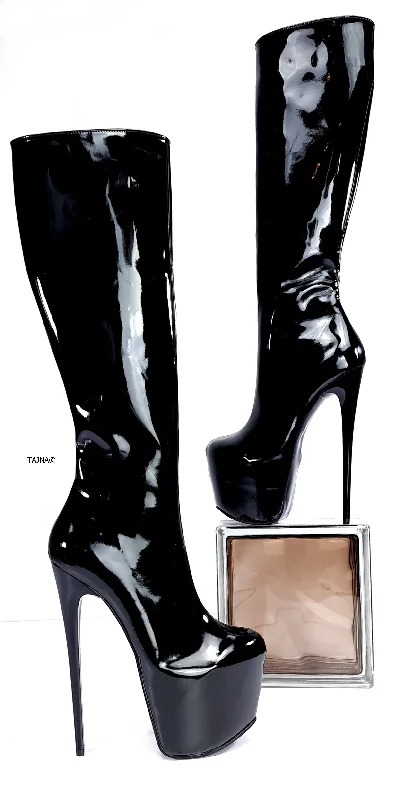 Mid Calf Black Gloss Pencil Heel Boots