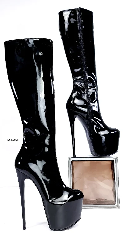 Mid Calf Black Gloss Pencil Heel Boots