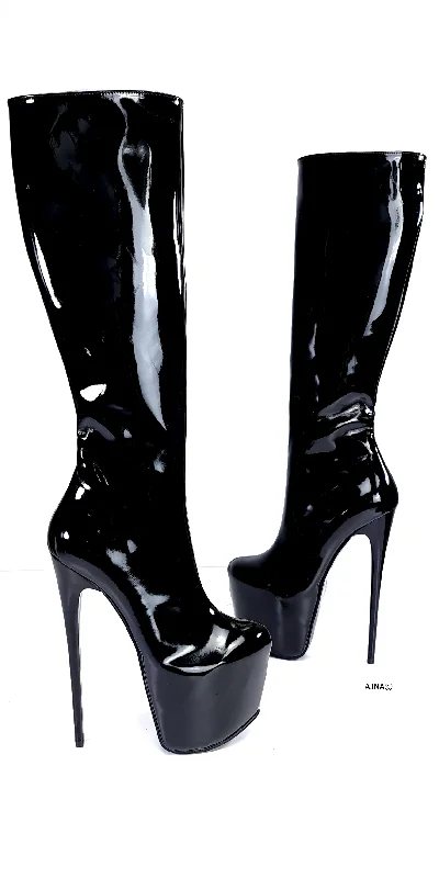 Mid Calf Black Gloss Pencil Heel Boots