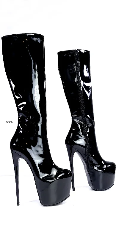 Mid Calf Black Gloss Pencil Heel Boots