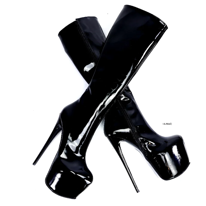 Mid Calf Black Gloss Pencil Heel Boots