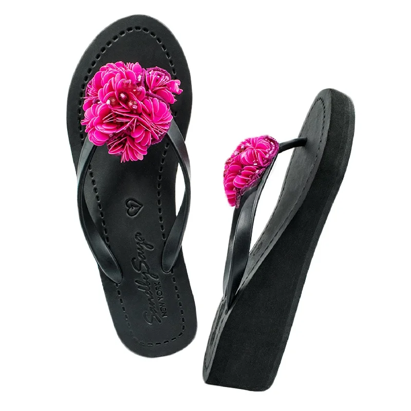 Noho Pink Flower - Embroidered Mid Wedge Flip Flops