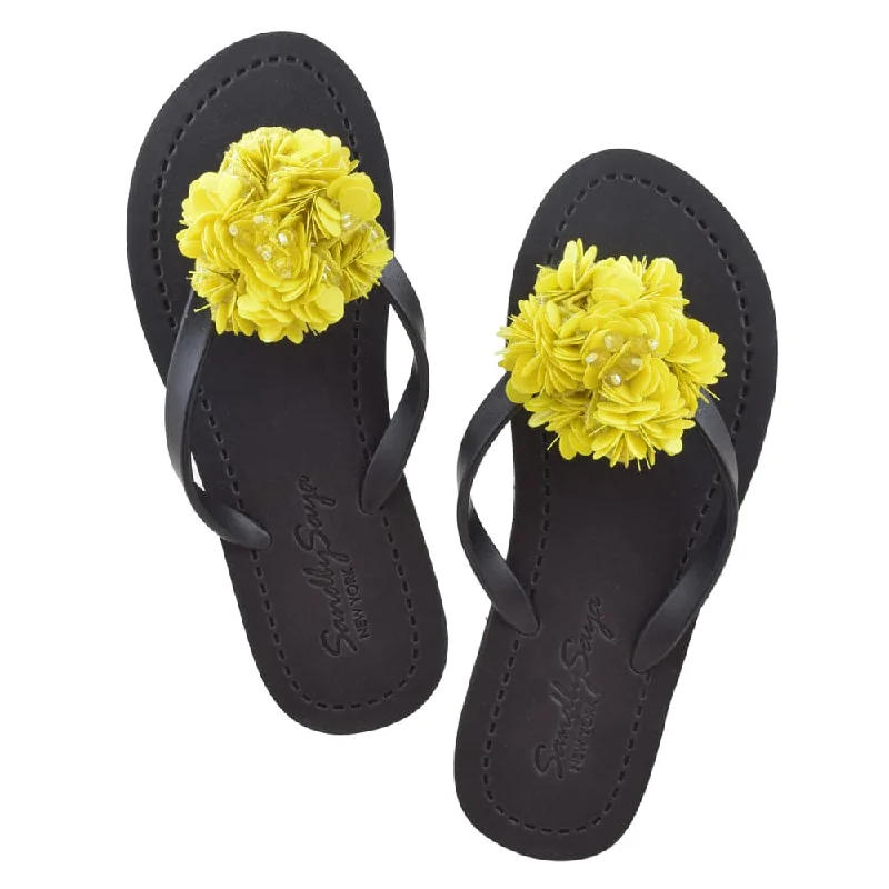 Noho Yellow Flower - Embroidered Flat Flip Flops Sandal