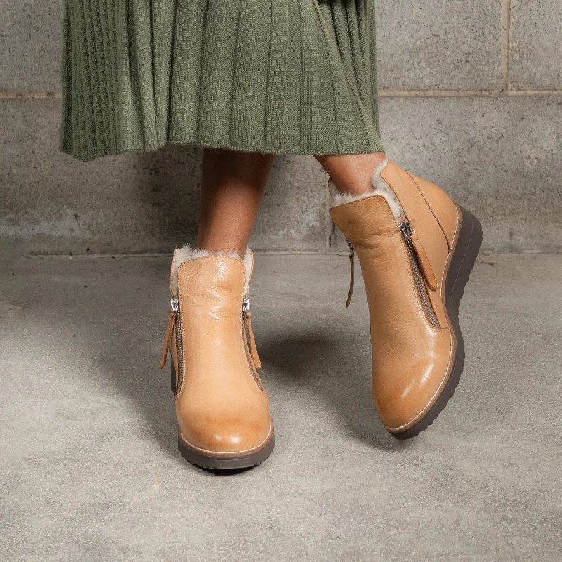 Opal Dark Tan Leather/ Beige Fur Ankle Boots