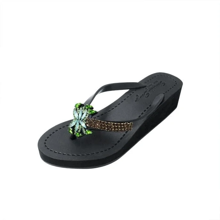 Palm Tree - Rhinestone Mid Wedge Flip Flops