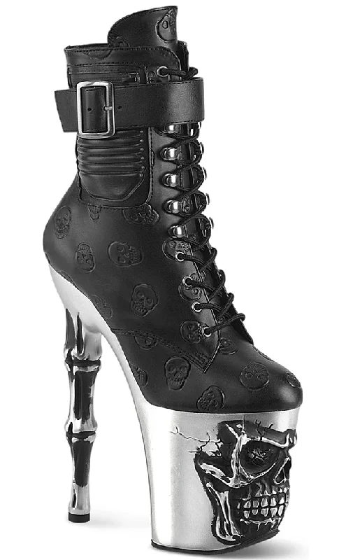 RAPTURE-1020STR-02 Black Vegan Leather Skull Boots