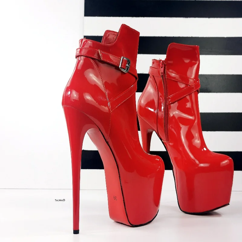 Red Gloss Belted Ankle Pencil Heel Boots