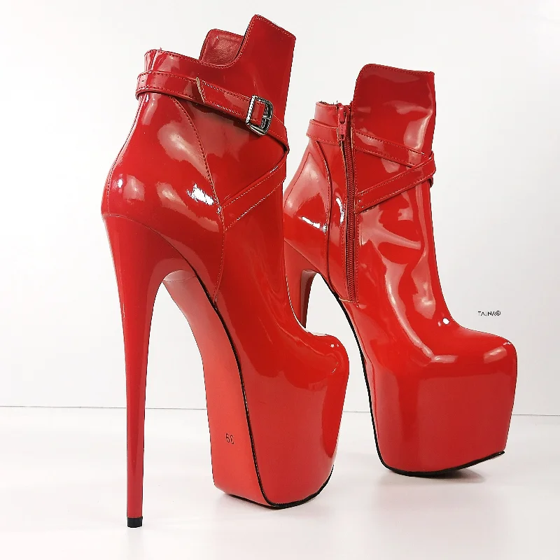 Red Gloss Belted Ankle Pencil Heel Boots