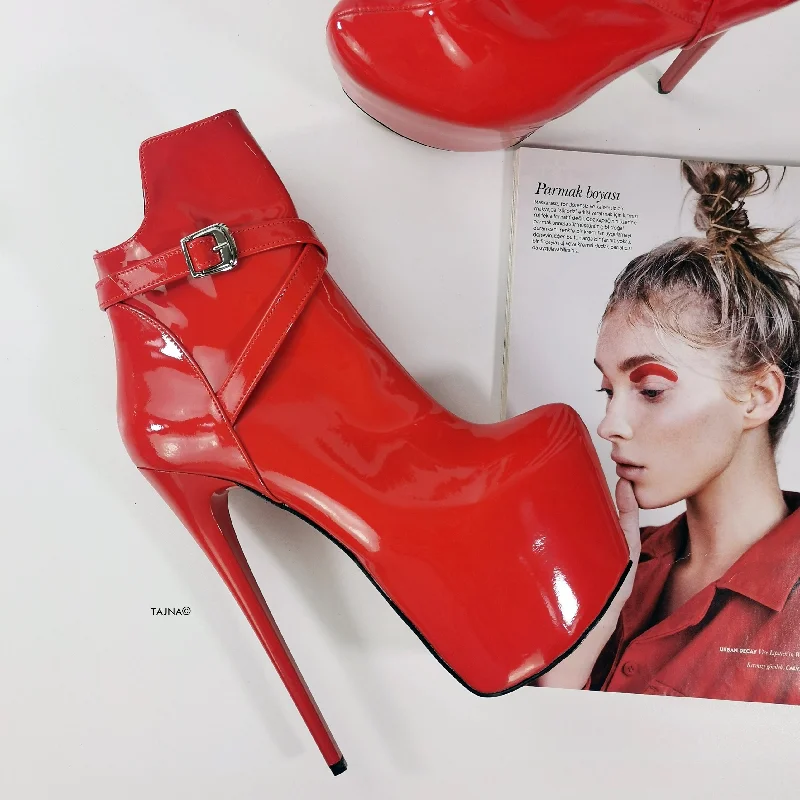 Red Gloss Belted Ankle Pencil Heel Boots