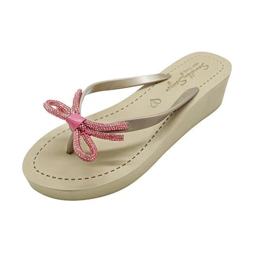 Rhinestone Pink Bow - Mid Wedge Flip Flops