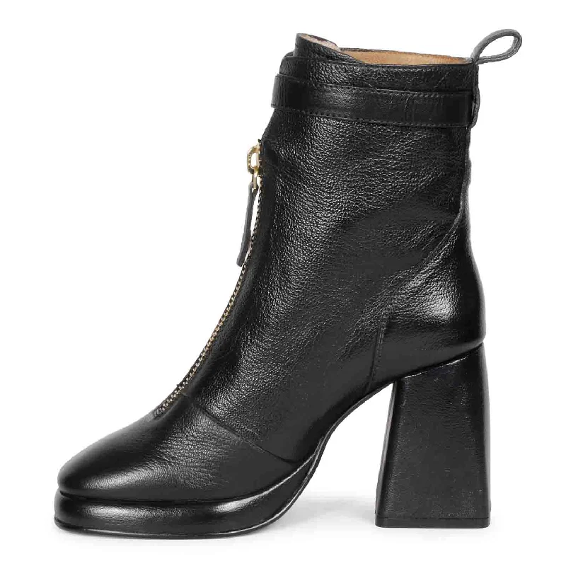 Saint Henriette Black Leather Front Zipper High Ankle Boots