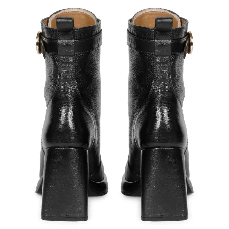 Saint Henriette Black Leather Front Zipper High Ankle Boots