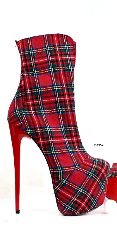 Tartan Red Plaid High Heel Ankle Boots