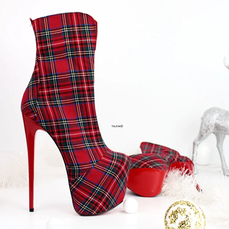 Tartan Red Plaid High Heel Ankle Boots