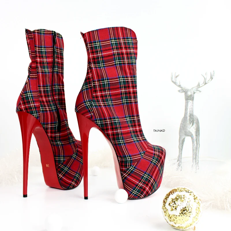 Tartan Red Plaid High Heel Ankle Boots