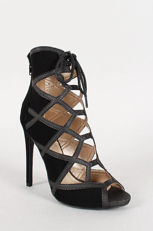 Qupid Nubuck Caged Lace Up Open Toe Stiletto Bootie