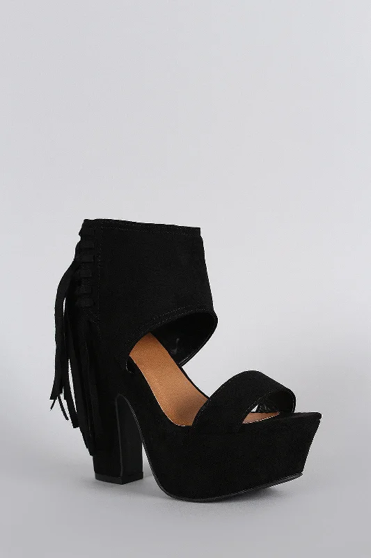 Qupid Suede Side Fringe Peep Toe Chunky Platform Heel