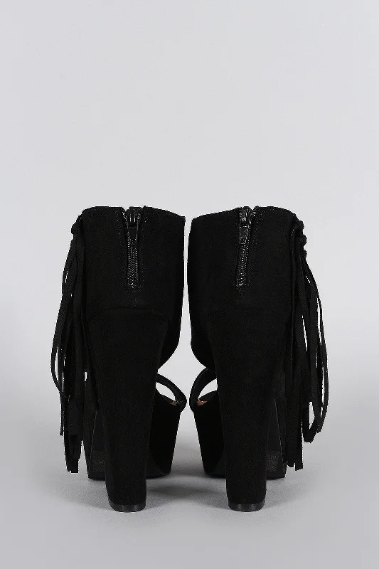 Qupid Suede Side Fringe Peep Toe Chunky Platform Heel