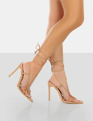 Valencia Nude Pu Strappy Lace Up Pointed Toe Stiletto Heels