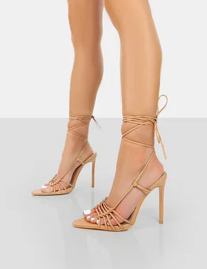 Valencia Nude Pu Strappy Lace Up Pointed Toe Stiletto Heels