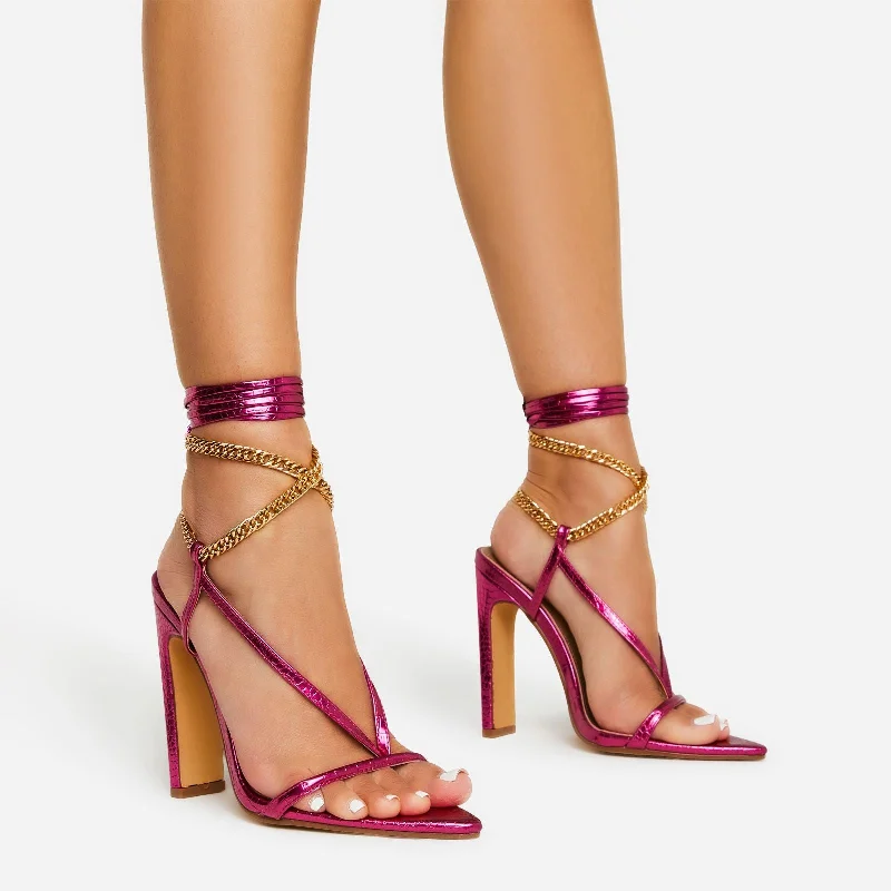 Vibez Lace Up Chain Strap Pointed Toe Stiletto Heel In Pink Metallic Croc Print Faux Leather