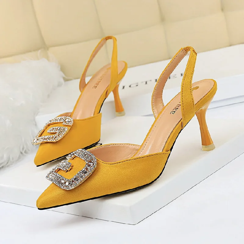 Women's Low-cut Pointed Toe Suede Hollow-out Back Strap Metal Rhinestone Heels