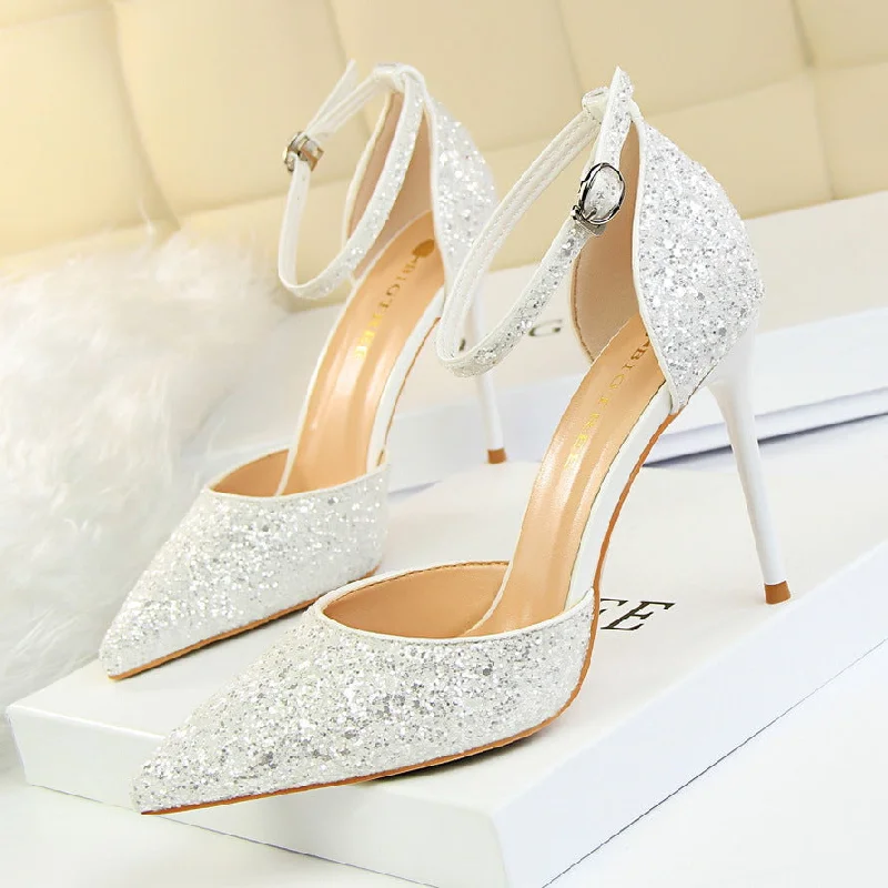 Women's Stiletto Low-cut Pointed-toe Hollowed Sequined Sexy Heels