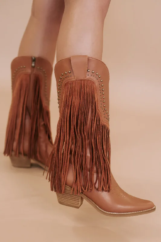 Adela Fringe Studded Bootie, Camel