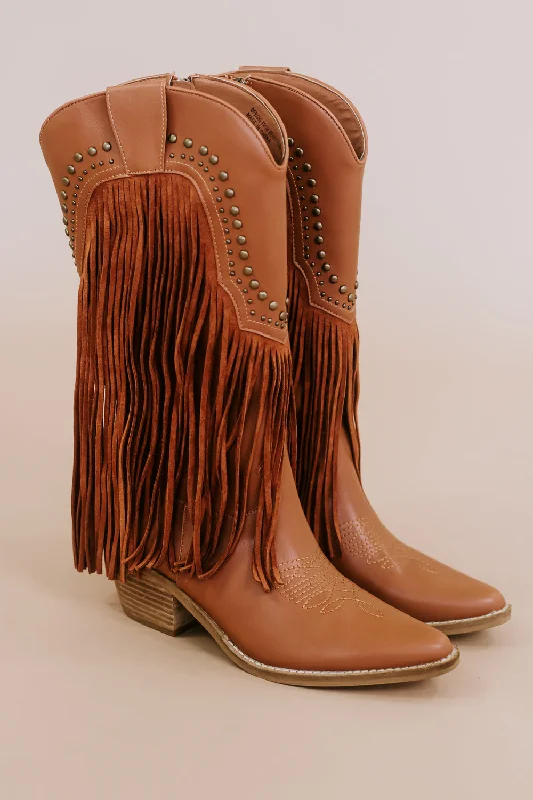 Adela Fringe Studded Bootie, Camel