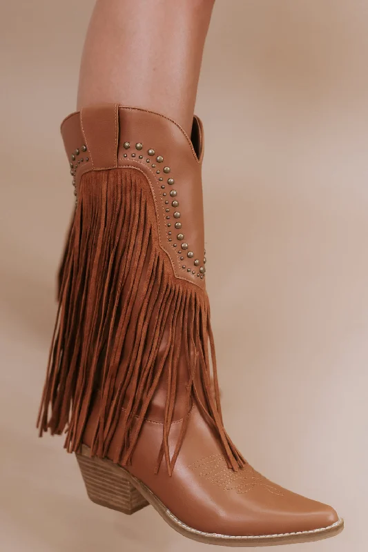 Adela Fringe Studded Bootie, Camel