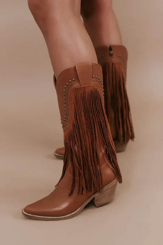 Adela Fringe Studded Bootie, Camel