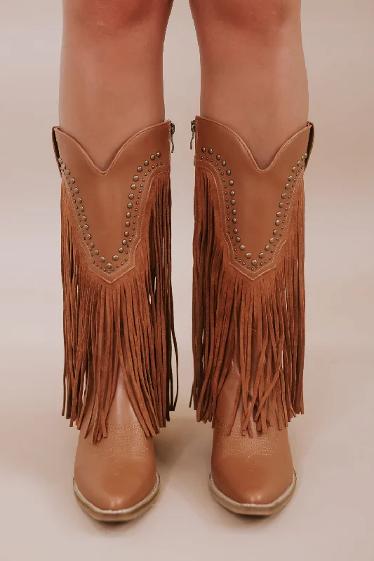 Adela Fringe Studded Bootie, Camel