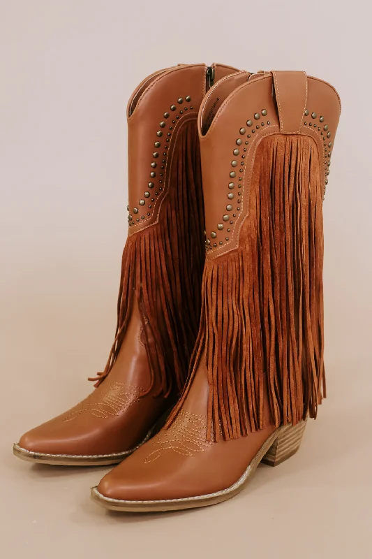 Adela Fringe Studded Bootie, Camel