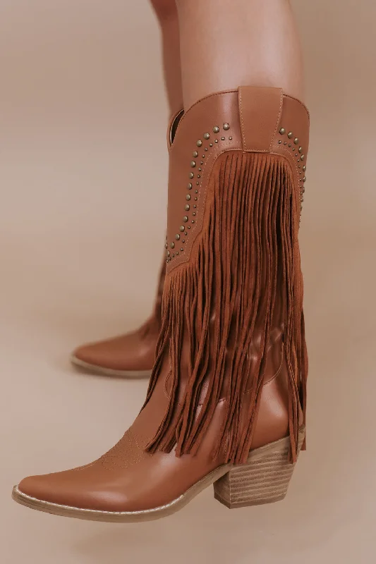 Adela Fringe Studded Bootie, Camel