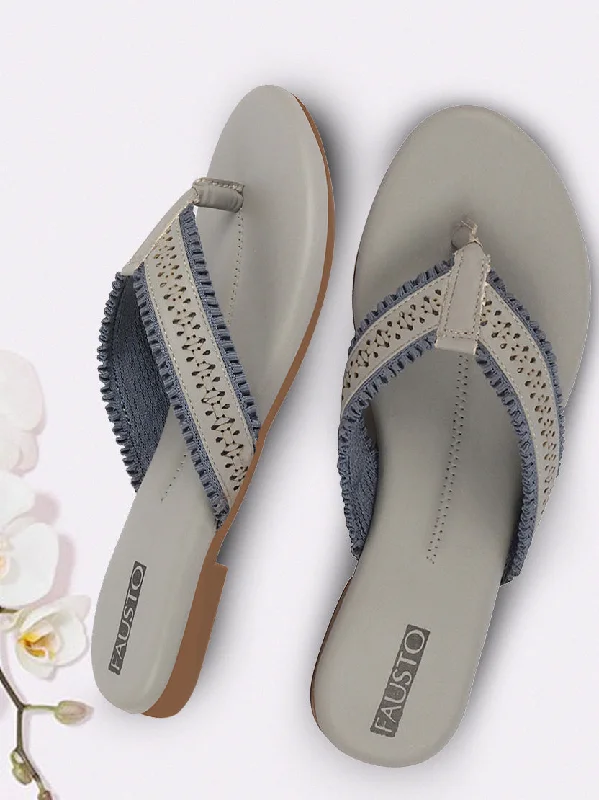 Women Grey Laser Cut Design T-Strap Thong Slip On Flats Slippers